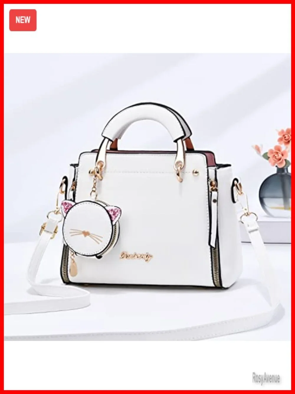 PU Leather Crossbody Satchel Bag with Kitten Pendant